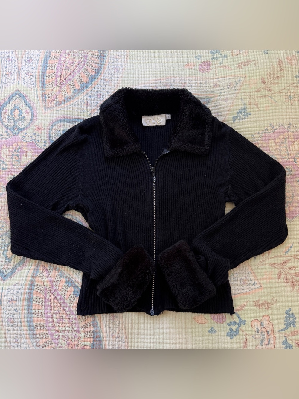 Vintage 90s Caché Black Ribbed Knit Fur Collar Cuff Rhinestone Zip Sweater M